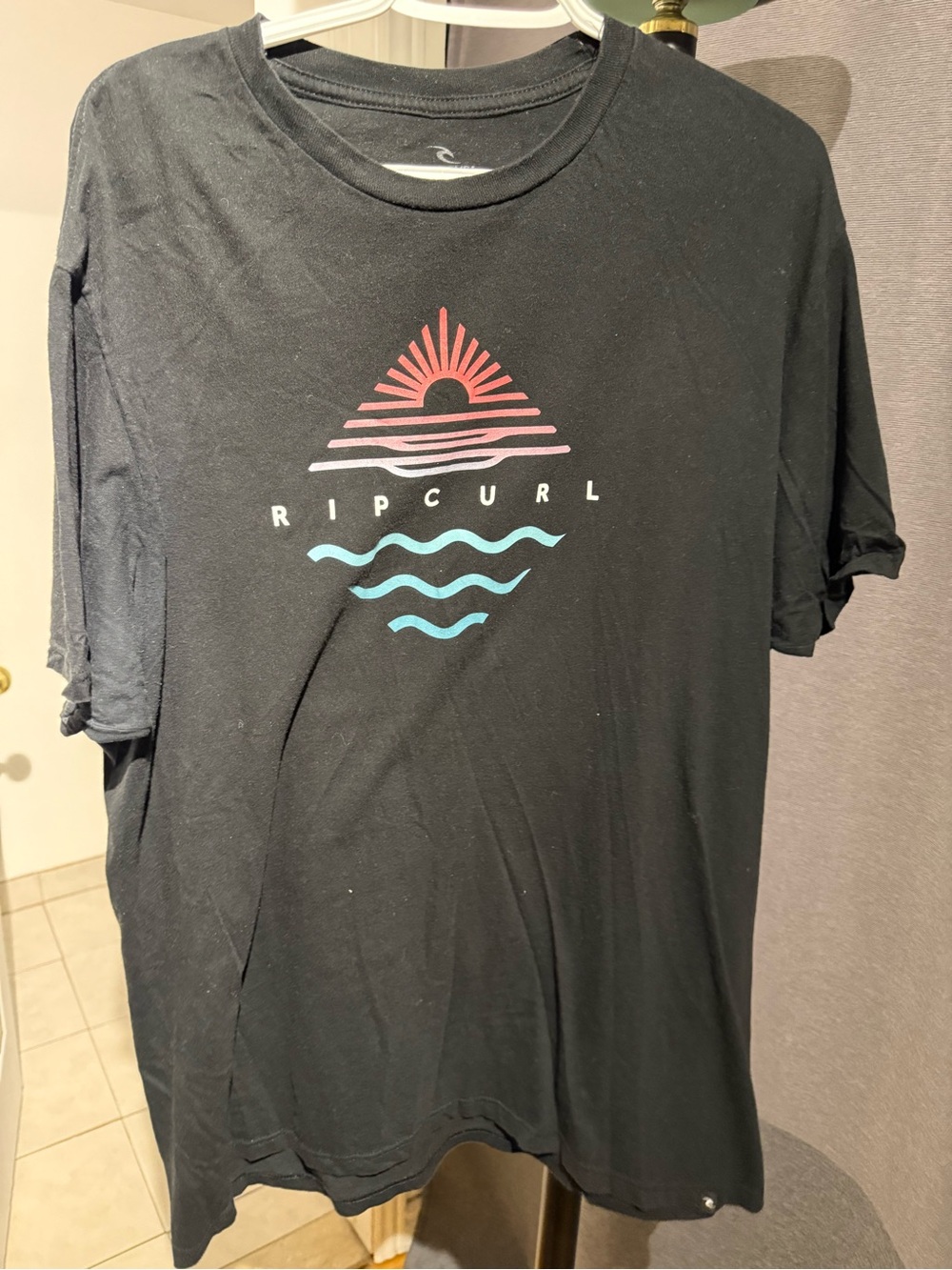 Rip Curl Black Tee with Coral Sun and Aqua Wave Logo